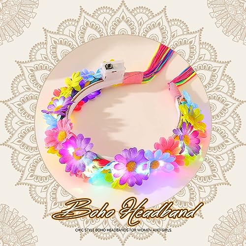 JONKY Light Up Daisy Headband Rainbow Hippie Flower LED Headbands Tassel Floral Headpiece Rave Hair Accessories for Women