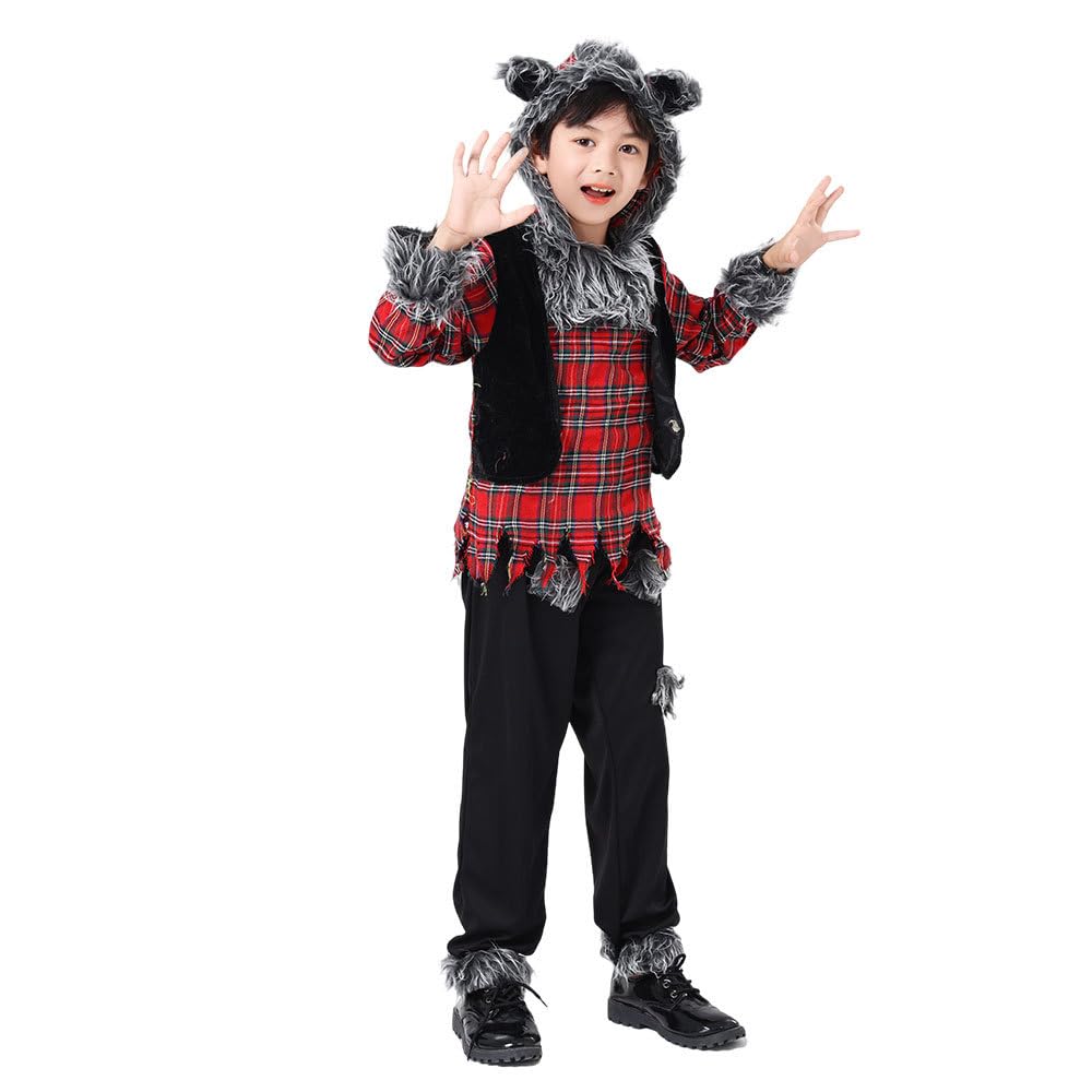 Biutiufiu Wild Wolfie Costume Hungry Howler Werewolf Halloween Costume for Boys Big Bad Wolf Dress Up Party (7-8 Years,Wolf)