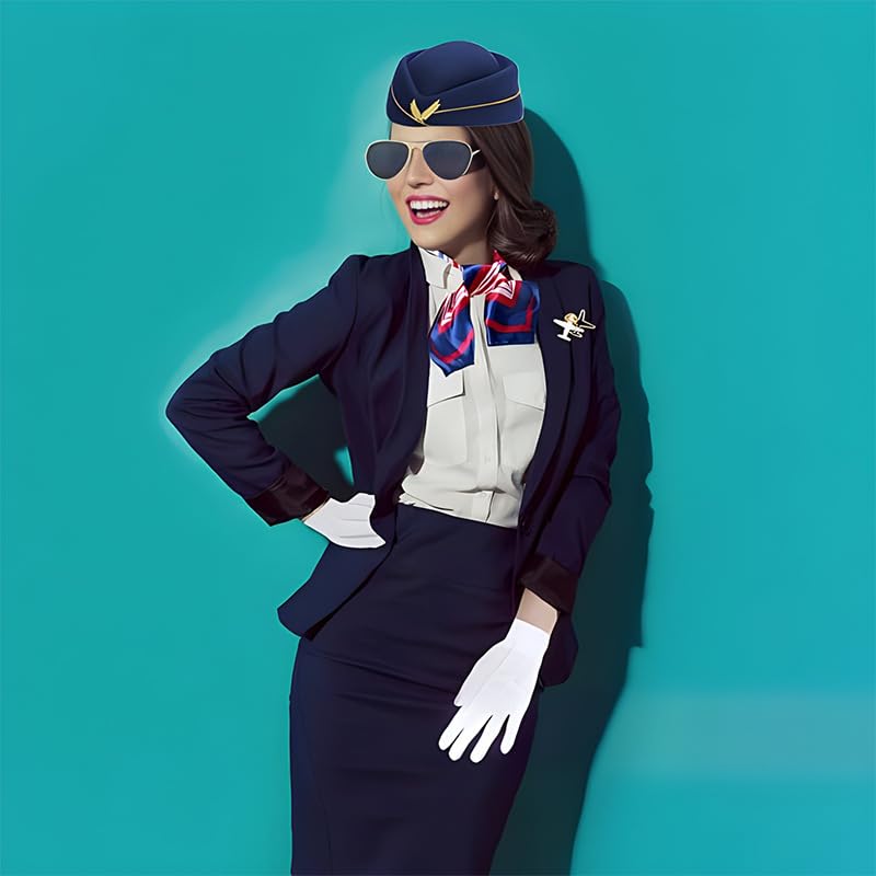 FOUTOUKEEP Flight Costume Set Beret Scarf White Gloves Sunglasses Airplane Pin Role Play Party Halloween Cosplay