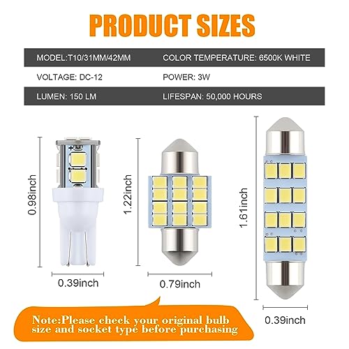 iFunyLED 24 Pieces Dome Light LED Car Interior Bulb Kit Set 194 T10 DE3175 578 31mm 42mm Bulbs Interior Replacement Lights...