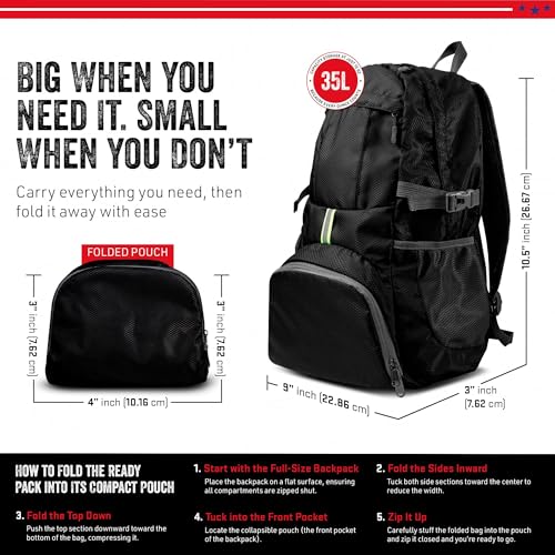 MODERN NEEDS Ready Pack 35L — Foldable Backpack for Travel | Lightweight, Water Resistant Hiking Daypack | Compact, Packab...