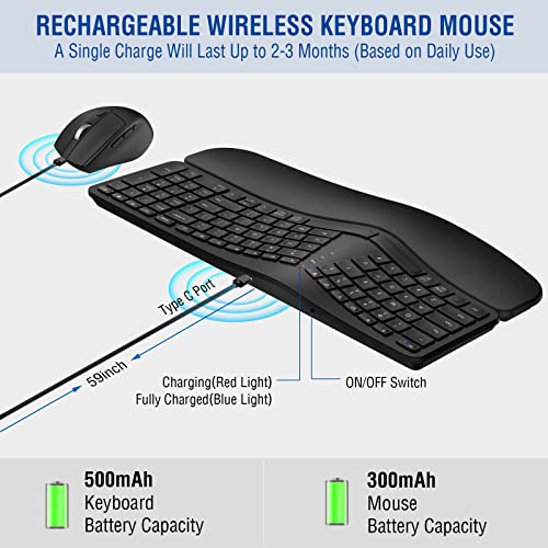 MK960 Ergonomic Wireless Keyboard Mouse Combo, Bluetooth/2.4G Split Design Keyboard with Palm Rest and 4 Level DPI Adjusta...