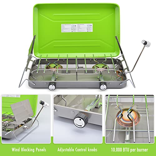 Flame King VT-101 2-Burner Portable Camping Stove Grill, Great for Outdoor Cooking, Backpacking, Compatible with 1LB Propa...