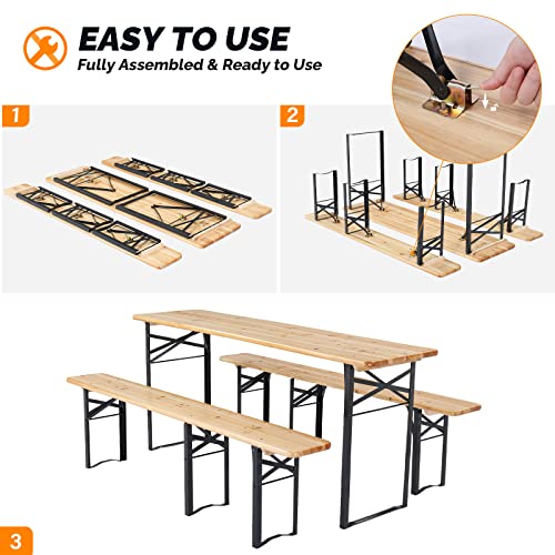 VINGLI 70 Inch Folding Picnic Tables with Benches Set, Weather-Resistant Wooden Beer Garden Table Bench, 3-Piece Portable ...