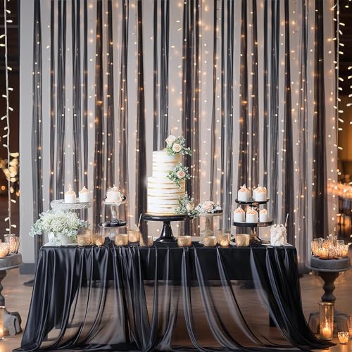 10x10ft Black Tulle Backdrop Curtain with Lights String for Parites, Sheer Photo Backdrop Curtains with Lights for Wedding...