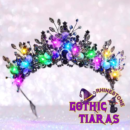 JAKAWIN Light Up Black Crown and Tiara Rhinestone Headpiece Halloween Costume Hair Accessories for Women