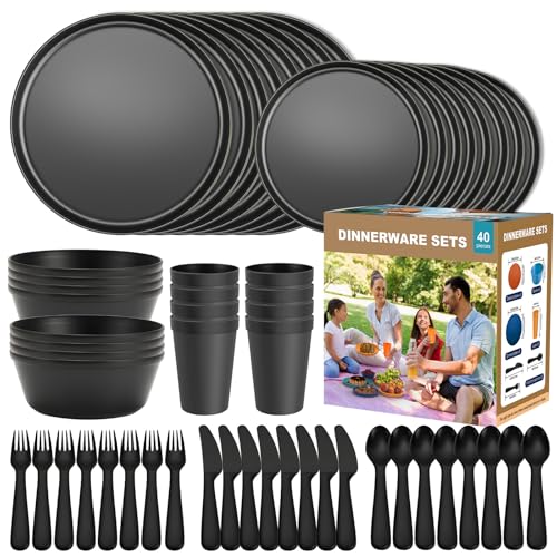 40-Piece RV Camping Dinnerware Set (Service for 8), Microwave Safe Plates and Bowls Set with Cutlery, Lightweight & Unbrea...
