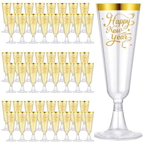 Jingmore 48 Pack 2026 Happy New Year Gold Rimmed Plastic Champagne Flutes Cheer to 2026 Celebration New Years Eve Party Su...