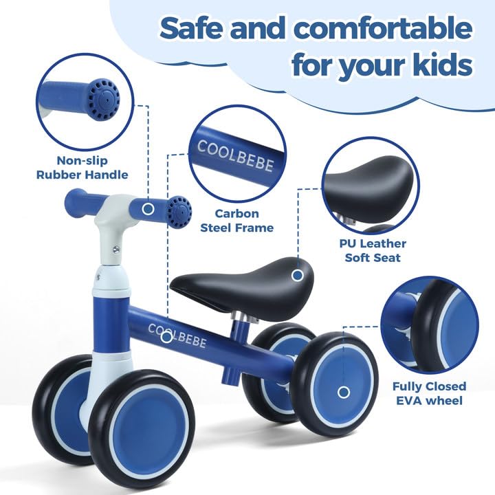 COOLBEBE Toddler Balance Bike for 1 Year Old Boys Girls Gift, 2 Years Toddler Balance Bike with 4 Silent Wheels, One Year Old Birthday Gift Baby for 12M-36M Pre-School (Blue)