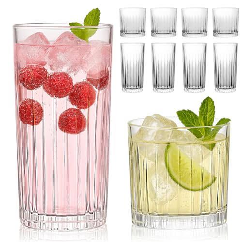 Laerjin Drinking Glasses Set of 8, 12 oz Highball Glasses & 10 oz Cocktail Glasses Set, Ribbed Glass Cups,Thick Glass Cup...