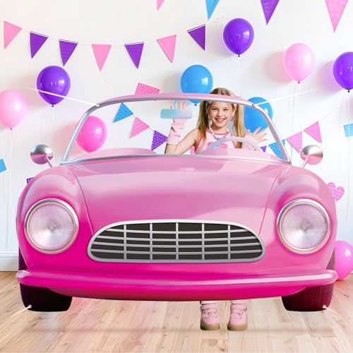 Pink Car Girls Birthday Decorations Pink Car Shaped Backdrop for Doll Girl Princess Let's Go Party Photo Booth Props Bache...