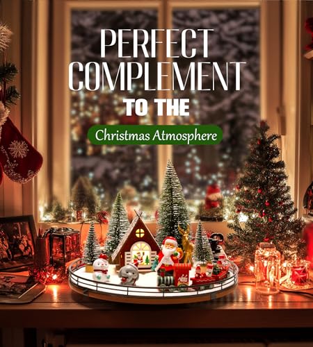 AMH 12 PCS Christmas Table Decorations Set with Oak Rotating Base – Xmas Town Village Centerpiece with Santa, Train, Hous...