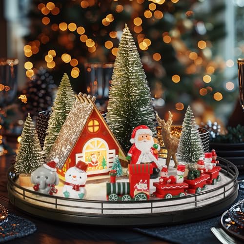 Oroyutor 12 Pcs Christmas Village Set - 13" Oak Wooden Lazy Susan with Santa Train, House & Trees – Indoor Christmas Cente...