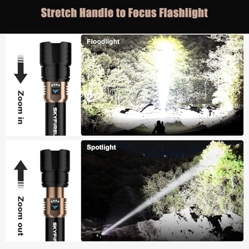 SKYFIRE LED Flashlights High Lumens with Ignition Lens,2000lm Super Bright Rechargeable Flashlight, Zoomable,Four Modes,Wa...