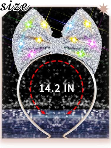 Yokawe Light Up Red Sequins Bow Headband,Flashing LED Bowknot Hair Accessory for Women, Adjustable Elastic, 3 Modes Glow f...
