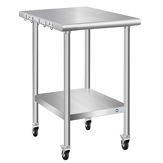 PIUMACU Stainless Steel Table with Wheels 24 x 18 Inch Commercial Stainless Steel Prep Table, Metal Table for Kitchen Restaurant Garage