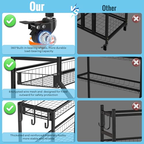 Sports Equipment Garage Organizer - Heavy Duty Garage Organization Ball Storage Rack with Basket, Hooks and Rolling Cart f...