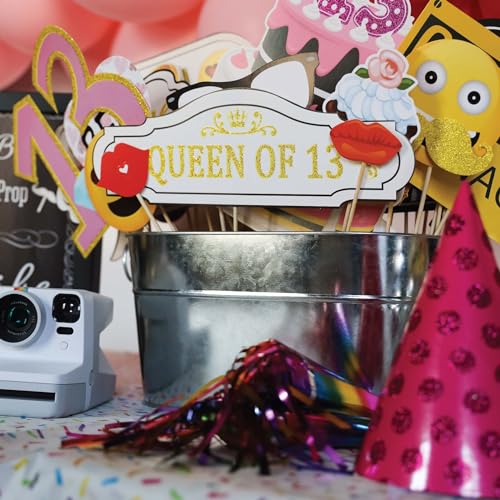 13th Birthday Photo Booth Props - 41-pc Photo Prop Kit with 8 x 10-Inch Sign, 60 Adhesive Pads, 45 Sticks - Teen Girl Phot...