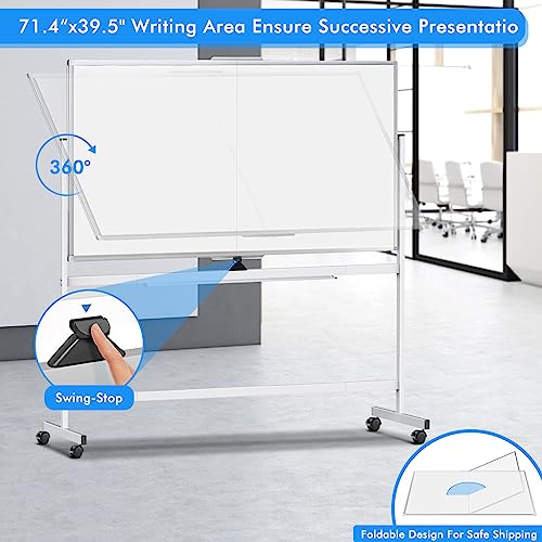 maxtek Rolling Whiteboard, 72x40 Large Double-Sided White Board Dry Erase on Wheels, Giant Magnetic White Board Standing f...