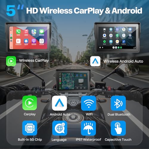 WonVon 5 Inch Motorcycle Carplay GPS Navigation System with Apple Carplay and Android Auto Portable Screen with Dual Bluet...