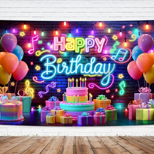 Imirell Neon Happy Birthday Backdrop 7Wx5H Feet Music Party Graffiti Splash Paint Colorful Notes Lights Brick Wall Polyest...