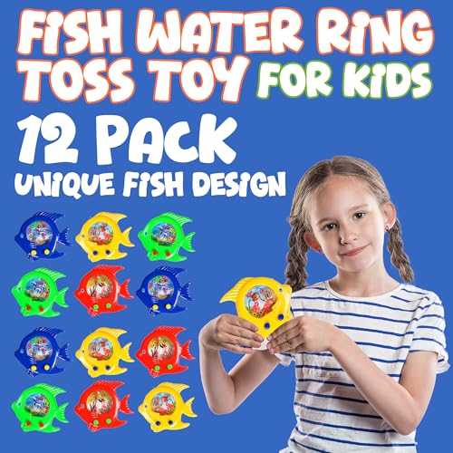 Fish Water Ring Toss Toy - (Pack of 12) Water Ring Game Handheld Fun Aqua Arcade Retro Game Pocket Travel Toys for Car Roa...