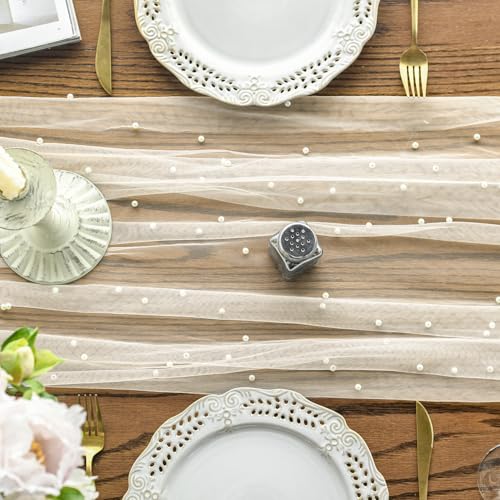 Artoid Mode Pearl Beige Gauze Table Runner 120 Inch 10FT, Seasonal Sheer Dining Holiday Wedding Birthday Baby Shower Table...
