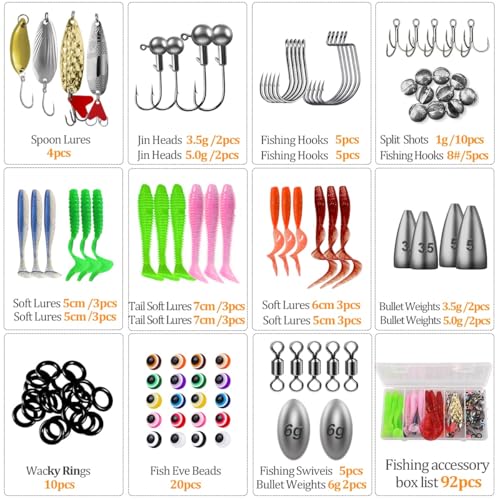 104PCS Fishing Lures Kit with Glide Bait, Hooks,Weights, Fish Hook Remover Tool& Fishing Accessories, Fishing Gear Set for...