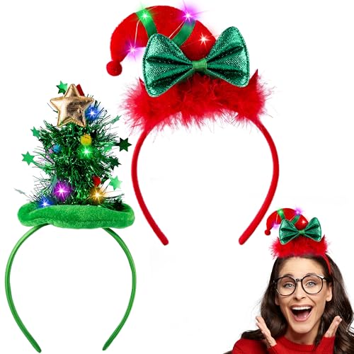 JOYIN 2 PCS Christmas LED Headband, Tree and Elf Hat Designs Headband with LED Lights for Christmas Party Decoration