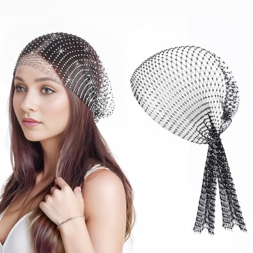 hoyuwak Rhinestone Mesh Headband Head Wrap Head Scarf Hair Scarf Turban Headpiece for Women Hair Styling Holiday Rave Hippie