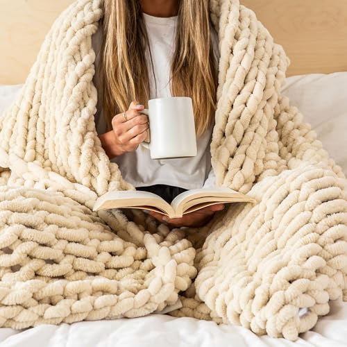 SAMIAH LUXE Chunky Knit Blanket Throw 50x60", Cream Chenille Chunky Knit Throw Blanket for Living Room Decor or Boho Deco...