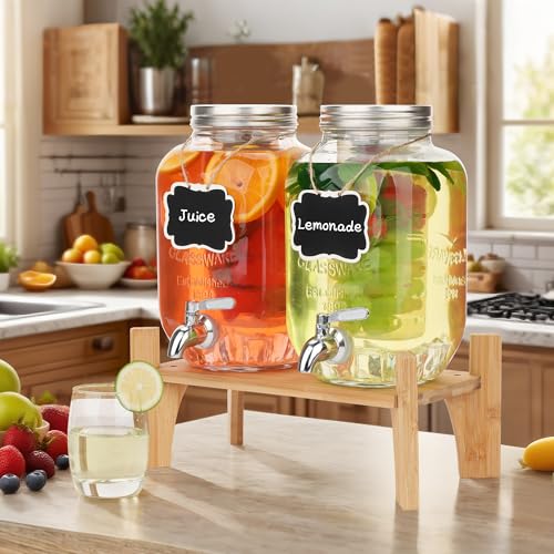 Set of 2 Glass Drink Dispensers for Parties, 1 Gallon Ice Beverage Dispensers with Stand, Juice Dispenser with Fruit Infus...
