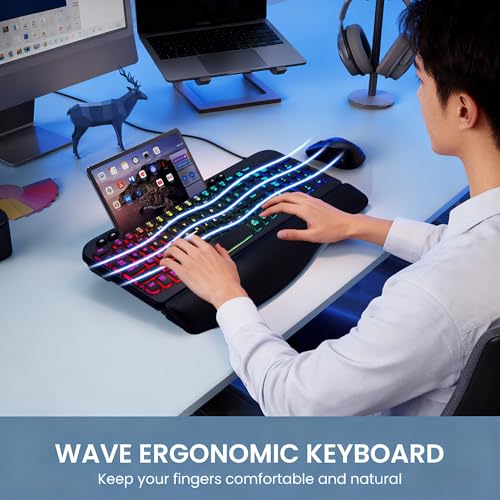 VEILZOR Wired Ergonomic Keyboard, 7-Color Backlit USB Computer Keyboard with Wrist Rest, Wave Keys, Phone Holder, Lighted ...