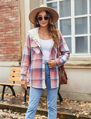 Zeagoo Womens Plaid Shacket Jacket Long Sleeve Fleece Hooded Jackets Fall Winter Warm Coat S-2XL