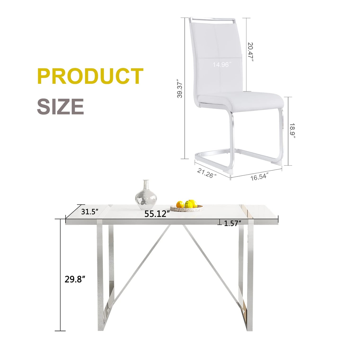 Dining Table Set for 4，White Rectangular MDF Kitchen Table and Leather Dining Chairs Set of 4, 5 Piece Dining Table Set，Modern Metal Frame Dining Room Table Set 4 with Metal Frame For Kitchen