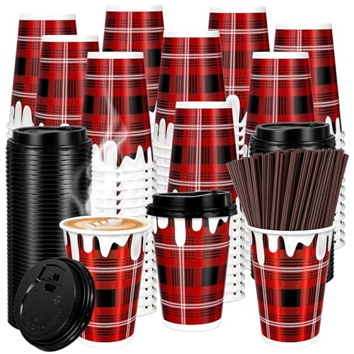 POTPTPT 100 Pieces Christmas Disposable Coffee Cups with Lids and Straws 12 oz Christmas Disposable Paper Cups Red Black P...
