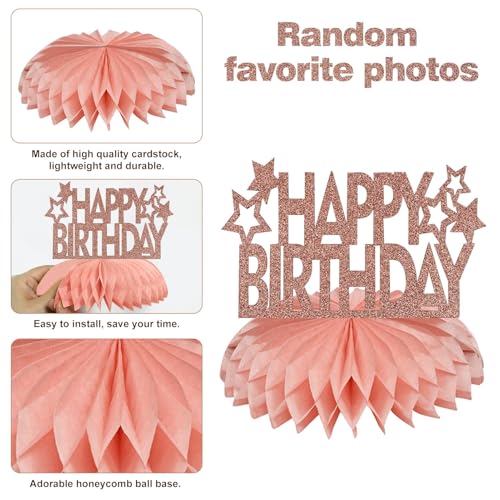 Bumqviy 8Pcs Rose Gold Birthday Decorations Honeycomb Centerpieces for Women Girl, Pink Rose Gold Glitter Birthday Photo T...