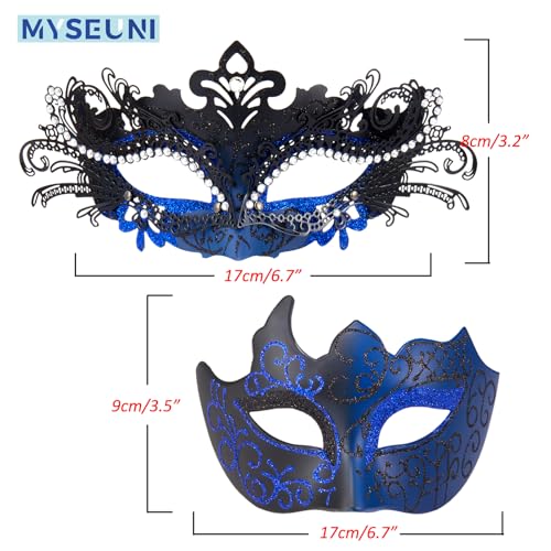 MYSEUNI 2025 Masquerade Masks for Couples, Shiny Rhinestone Metal Filigree Venetian Mask & Mens Venetian Mask for Mardi Gras