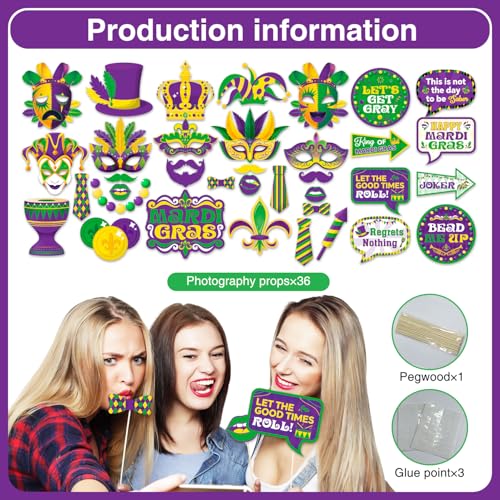 36pcs Mardi Gras Photo Booth Props, Mardi Gras Decorations, Masquerade Photo Booth Props for New Orleans Party Decorations