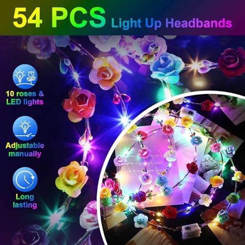 HONLYNE Valentines Day Gifts, 54 PCS New Year LED Flower Crowns Headbands, Light Up Flower Crowns For Women, Glow in the D...