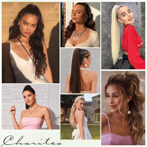 Ponytail Extension, 16 Inch Claw Clip Ponytail Extension Human Hair Long Straight Jaw Clip in Real Hair Pony Tails Hairpieces for Women Golden Brown & Bleach Blonde