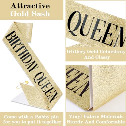 TOBATOBA Birthday Queen Sash and Crown for Women - Gold Rhinestone Tiara and Sash Set for Birthday Decorations Outfits for...