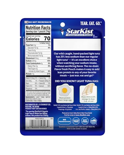StarKist Reduced Sodium Chunk Light Tuna in Water, 2.6 oz Pouch (24 Pack) Ready to Eat Wild Caught Tuna, 17g Protein, Glut...