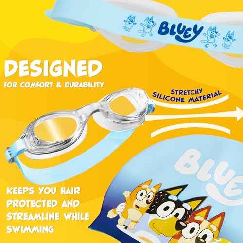 Bluey Kids Swim Goggles and Swim Cap Set Anti-Fog UV Protection