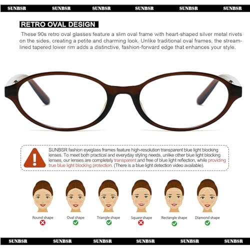 SUNBSR Retro Oval Glasses for Women Men Vintage Oval 90s Blue Light Glasses Y2K Small Face Fake Eyeglasses
