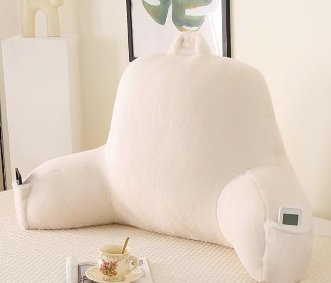 PAJEO Reading Pillow for Sitting in Bed, Large Backrest Reading Pillow with Arm Rest,Back-Rest Support Cushion for Sit Up on Couch, Sofa, and Floor, Dorm Essentials (White Faux Fur, Standard(17"))