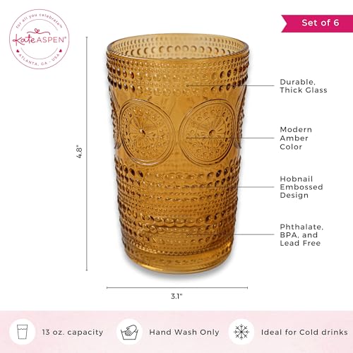 Hobnail Beaded Floral Amber Drinking Glasses Set of 6, (13 oz) Vintage Glassware Set by Kate Aspen| Cocktail Glass Set, Ju...