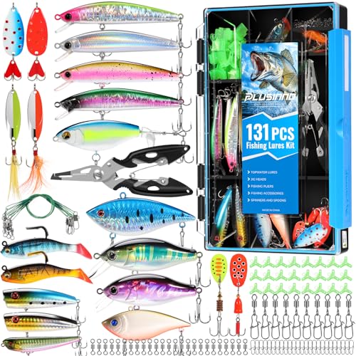 PLUSINNO Fishing Lures Fishing Tackle Box Fishing Gifts for Men, Bass, Trout Fishing Accessories Kit for Saltwater & Fresh...