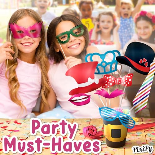 Photo Booth Props - 66 Piece Multicolor Kit - Fun Selfie Party Accessories - Mustaches, Hats, Lips & More - by PixiPy
