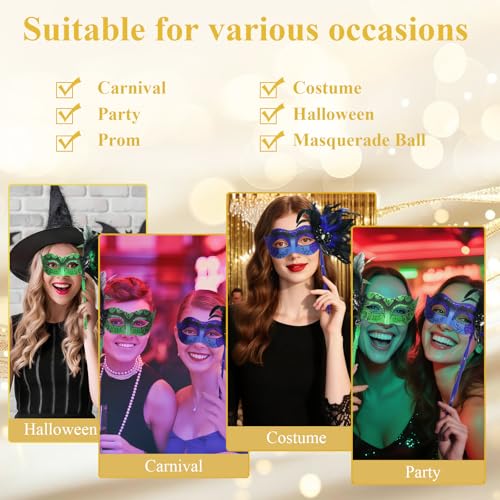 LCKRVOL Masquerade Mask for Women with Stick, Shiny Women's Feather Mardi Gras Venetian Mask for Prom Ball Costume Party